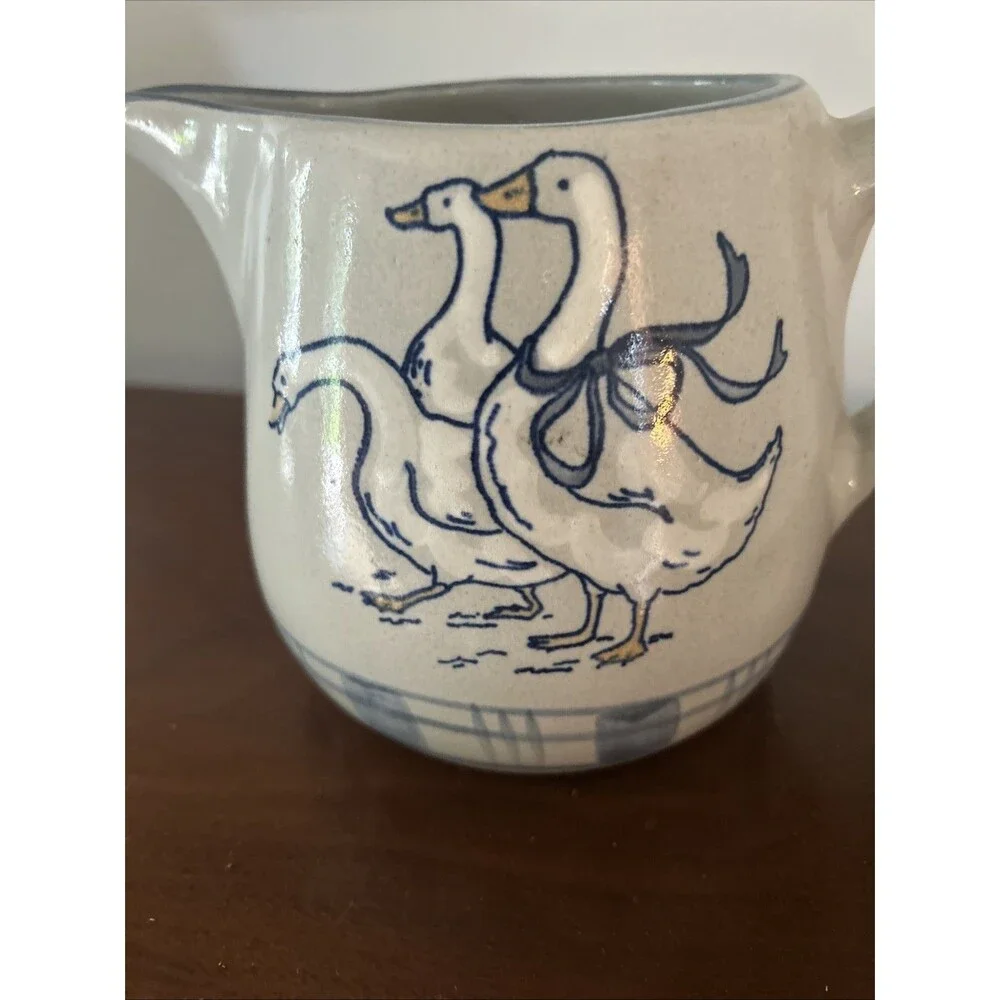 Louisville Stoneware Small Hand Painted Pottery Pitcher Gray / Blue - 3 Geese